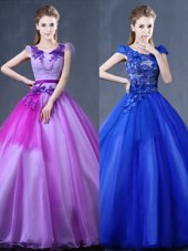Lace and Appliques Quinceanera Dress Purple Lace Up Short Sleeves Floor Length