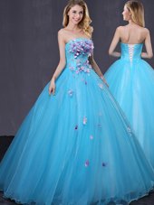 Nice Tulle Strapless Sleeveless Lace Up Appliques Quinceanera Dresses in Baby Blue
