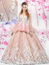 Modest Scoop Sleeveless Vestidos de Quinceanera Floor Length Lace and Appliques Pink Organza and Tulle
