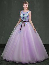 Scoop Sleeveless Organza Floor Length Lace Up 15 Quinceanera Dress in Lavender for with Appliques
