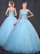 Flirting Ball Gowns 15 Quinceanera Dress Light Blue Sweetheart Tulle Sleeveless Floor Length Lace Up