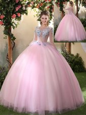 Scoop Long Sleeves Tulle Sweet 16 Quinceanera Dress Appliques Lace Up