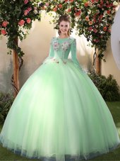 Fashionable Apple Green Quinceanera Gowns Military Ball and Sweet 16 and Quinceanera and For with Appliques Scoop Long Sleeves Lace Up