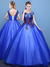 Scoop Royal Blue Lace Up Quinceanera Dress Appliques Cap Sleeves Floor Length