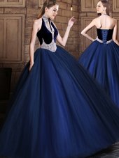 Halter Top Navy Blue Ball Gowns Beading Quinceanera Dress Lace Up Tulle Sleeveless Floor Length