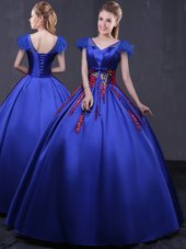 Royal Blue Ball Gowns Appliques 15 Quinceanera Dress Lace Up Satin Cap Sleeves Floor Length