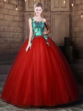 Rust Red Lace Up One Shoulder Pattern Vestidos de Quinceanera Tulle Sleeveless