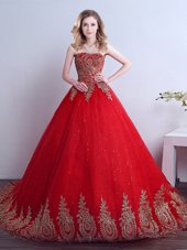 Modest Red Ball Gowns Appliques and Sequins Quinceanera Gown Lace Up Tulle Sleeveless