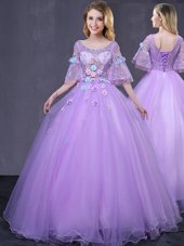 Trendy Scoop Lavender Half Sleeves Tulle Lace Up Sweet 16 Quinceanera Dress for Military Ball and Sweet 16 and Quinceanera