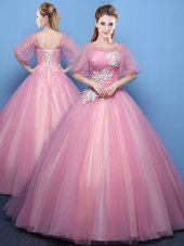 Pink Quinceanera Dress Military Ball and Sweet 16 and Quinceanera and For with Appliques Scoop Half Sleeves Lace Up
