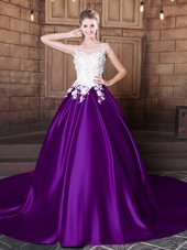 Customized Lilac Scoop Neckline Lace and Appliques Quince Ball Gowns Sleeveless Lace Up