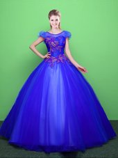 Customized Scoop Short Sleeves Quinceanera Dresses Floor Length Appliques Blue Tulle