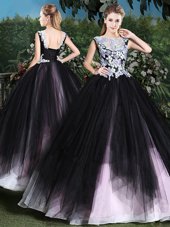 Beauteous Ball Gowns Sweet 16 Dresses Pink And Black Scoop Tulle Sleeveless Floor Length Lace Up