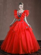 Sumptuous Sweetheart Sleeveless Quinceanera Gown Floor Length Appliques and Ruffles Red Organza