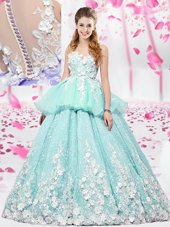 Scoop Sleeveless Quinceanera Dress Floor Length Lace and Appliques Apple Green Organza and Tulle