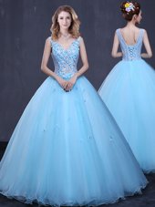 Customized Light Blue Ball Gowns Tulle V-neck Sleeveless Lace and Appliques Floor Length Lace Up Sweet 16 Dress