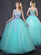 Aqua Blue Ball Gowns Scoop Sleeveless Tulle Floor Length Lace Up Appliques and Belt Quinceanera Dresses