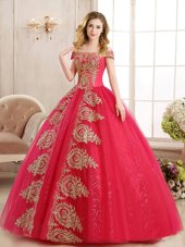 Fitting Off the Shoulder Floor Length Lace Up Quinceanera Gown Red and In for Military Ball and Sweet 16 and Quinceanera with Appliques and Sequins