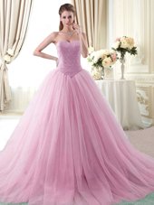 Colorful Beading 15 Quinceanera Dress Rose Pink Lace Up Sleeveless With Brush Train