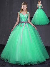 Delicate Sleeveless Floor Length Appliques and Belt Lace Up Quinceanera Dress with Turquoise