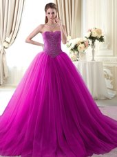 Fuchsia Tulle Lace Up Sweetheart Sleeveless With Train Quinceanera Dresses Brush Train Beading