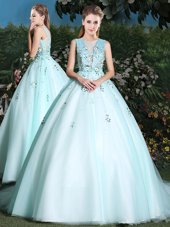 Elegant Scoop Light Blue Ball Gown Prom Dress Tulle Brush Train Sleeveless Beading and Appliques