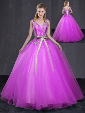 Fuchsia Ball Gowns V-neck Sleeveless Tulle Floor Length Lace Up Appliques and Belt Sweet 16 Quinceanera Dress