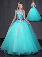 Floor Length Lace Up 15th Birthday Dress Aqua Blue and In for Military Ball and Sweet 16 and Quinceanera with Appliques and Belt