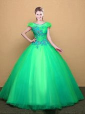 Turquoise Lace Up Scoop Appliques Sweet 16 Quinceanera Dress Tulle Short Sleeves