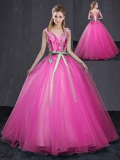 Sleeveless Lace Up Floor Length Appliques and Belt Quince Ball Gowns