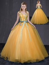 Gold Sweet 16 Dresses Military Ball and Sweet 16 and Quinceanera and For with Appliques and Belt V-neck Sleeveless Lace Up