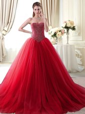 With Train Ball Gowns Sleeveless Red Sweet 16 Quinceanera Dress Brush Train Lace Up
