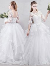 Scoop White Half Sleeves Brush Train Lace and Ruffles With Train Bridal Gown