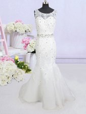 Mermaid Scoop White Sleeveless Beading and Lace and Appliques and Bowknot Backless Wedding Dress