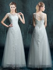 Traditional Scoop Floor Length White Bridal Gown Tulle and Lace Sleeveless Appliques
