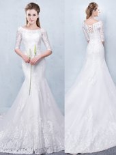 Mermaid Scoop Half Sleeves With Train Lace Lace Up Wedding Dresses with White Court Train
