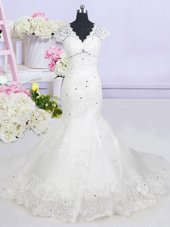 Mermaid Tulle V-neck Cap Sleeves Brush Train Lace Up Beading and Lace Bridal Gown in White
