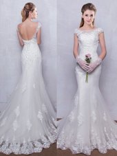 Custom Fit Mermaid Tulle Scoop Cap Sleeves Brush Train Backless Lace Wedding Dress in White