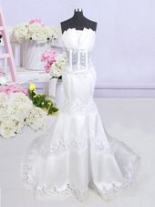 High Class See Through White Mermaid Satin Scalloped Sleeveless Beading and Lace With Train Zipper Bridal Gown Brush Train