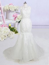 Perfect Mermaid Sleeveless With Train Beading and Appliques Backless Bridal Gown with White Brush Train