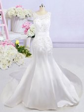 Trendy Mermaid Scoop Beading and Lace and Appliques Wedding Dresses White Backless Sleeveless Court Train