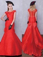 Traditional Scoop Lace Pleated Mermaid Short Sleeves Red Bridal Gown Brush Train Zipper