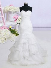 Admirable Mermaid White Sweetheart Neckline Beading and Ruffled Layers Wedding Gown Sleeveless Lace Up