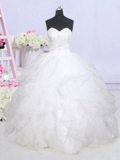 Fabulous White Lace Up Sweetheart Beading and Ruffled Layers Wedding Dress Organza Sleeveless Brush Train