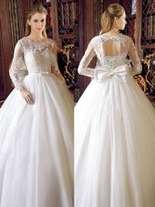 High Class Scoop Long Sleeves Bridal Gown Floor Length Lace and Bowknot White Tulle