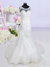 Scoop See Through With Train Backless Bridal Gown White and In for Wedding Party with Beading and Appliques Brush Train