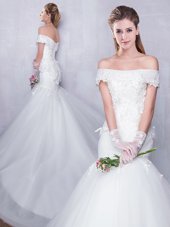 Sweet Court Train Mermaid Wedding Gowns White Off The Shoulder Tulle Sleeveless With Train Lace Up