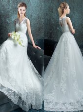 With Train A-line Sleeveless White Wedding Gown Brush Train Lace Up