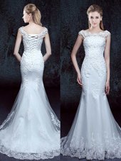 Mermaid Scoop With Train White Wedding Dresses Tulle Brush Train Cap Sleeves Lace