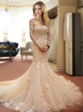 Mermaid Champagne Tulle Lace Up Wedding Dress Sleeveless With Train Court Train Appliques and Hand Made Flower